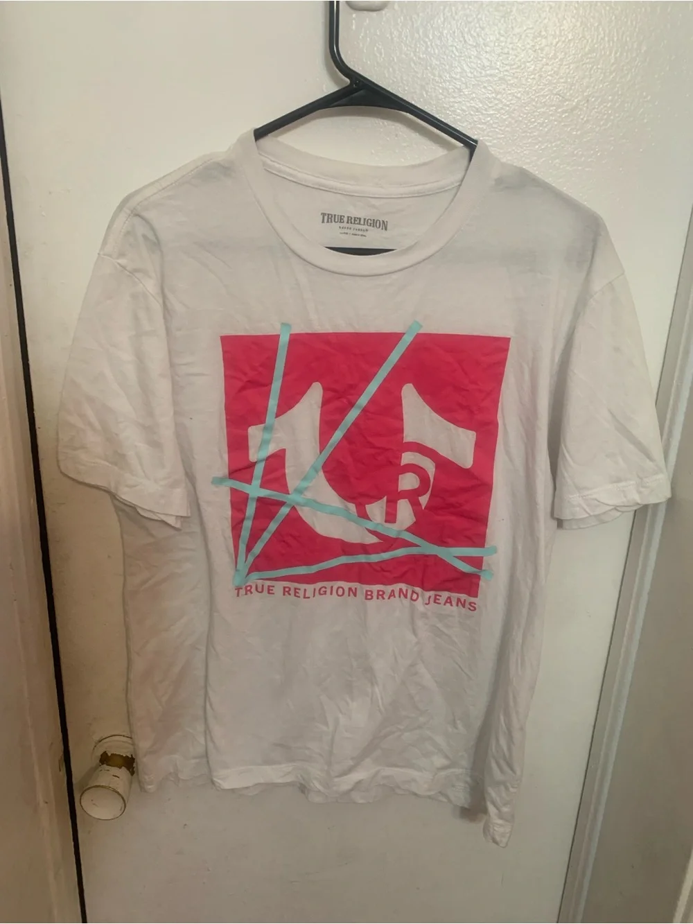 True Religion White Short-Sleeve Tee with Pink & Aqua Graphic